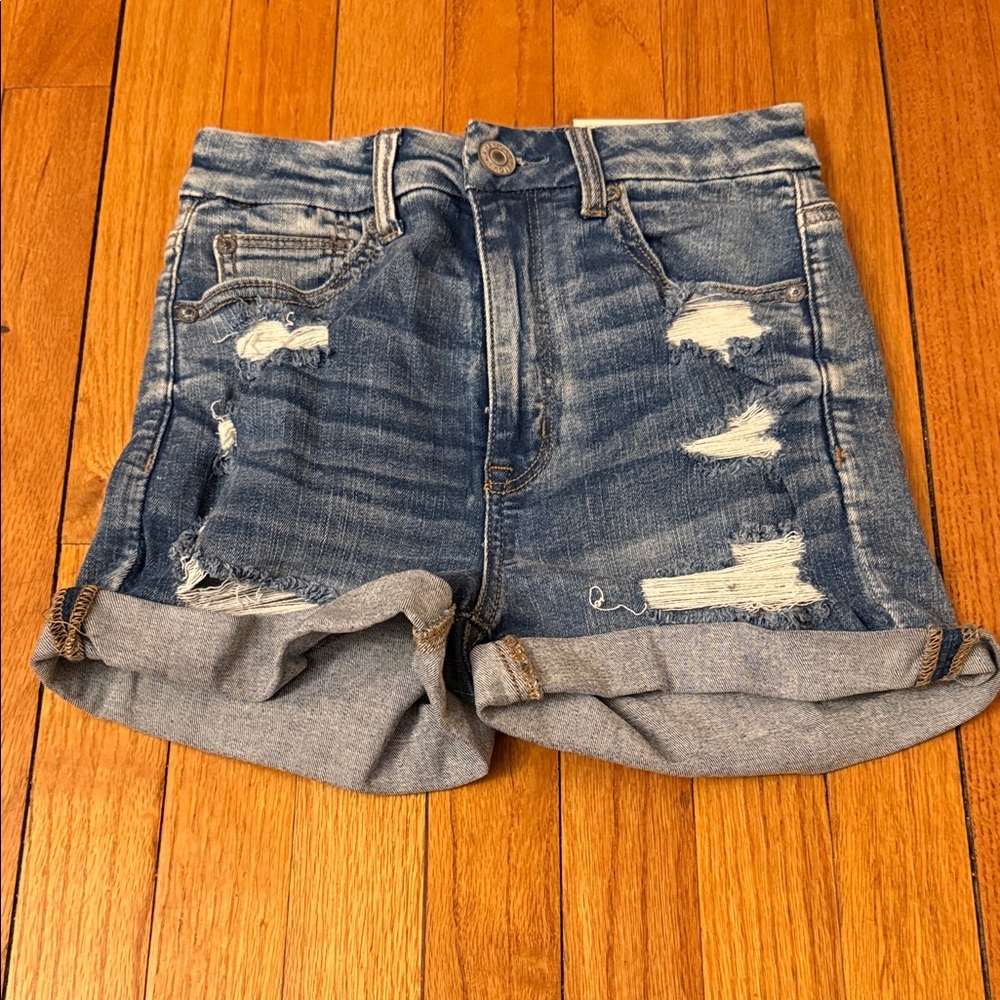 American Eagle Outfitters Distressed Rolled Cuff Denim Shorts - Blue